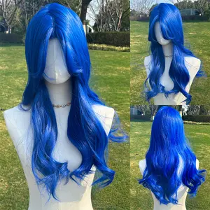 Smilco 24 Inches High Quality Blue Body Wave Curtain bangs Hard Front Synthetic Party Wig SM428