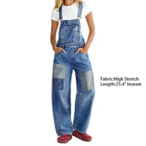 Flamingals Patched Stitch Detail Wide Leg Denim Overalls Womenswear Casual Fitted