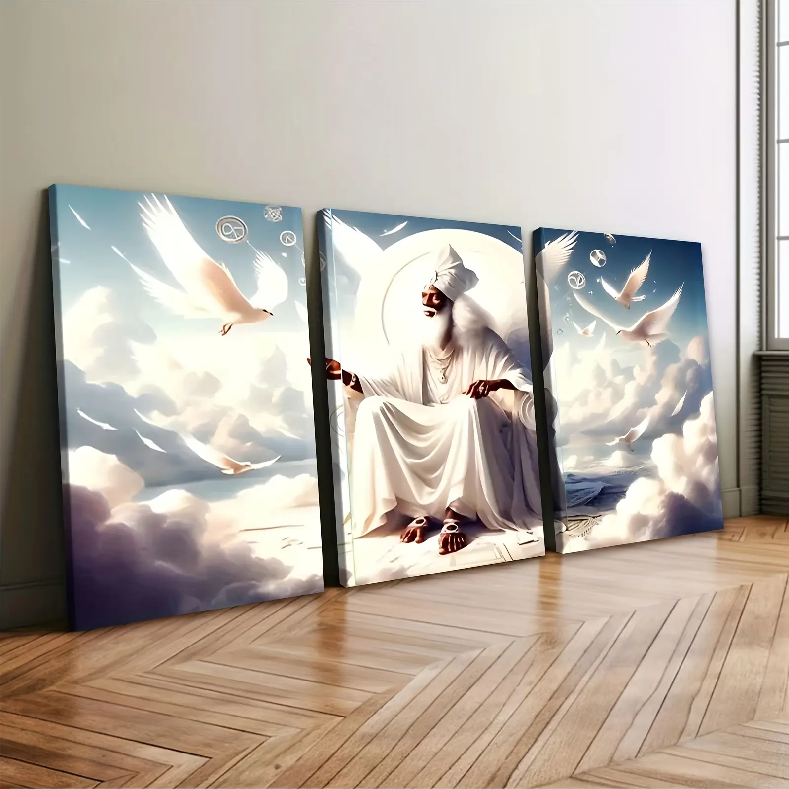 3pcs Decorative Pine Wood Framed Hangable Canvas Poster Print Set - Jesus Obatala The Creator & Father of Gods Historical Religious Artwork, Ready-to-Hang 2D Wall Decor for Home Office, Easter Kit