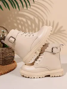 Kids' Cream Combat Boots, Stylish Buckle Strap Ankle Boots, Non-Slip Thick Sole, Comfortable & Durable, Perfect for All Seasons