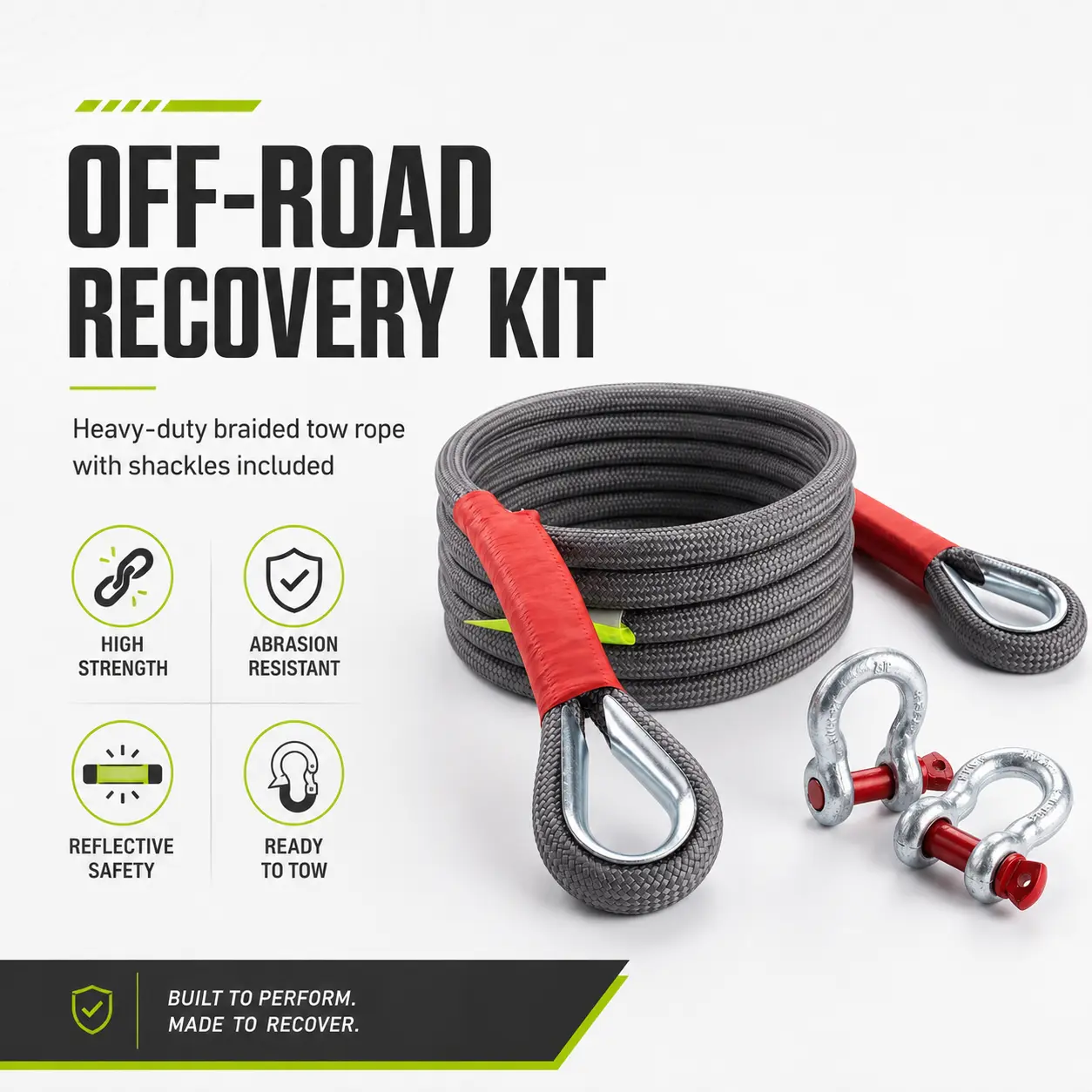 Non-Elastic Static Tow Rope - Abrasion-Resistant Braided Nylon Heavy-Duty Offroad Recovery Strap, Safe Towing, Eliminates Dangerous Recoil, All-Weather Reliability, for Trucks, Tractors, Universal Compatibility