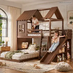 ARCH Twin over Full House Bunk Bed with Ladders and Slides, House Floor Bunk Bed with Storage Shelves and Wardrobe, Playhouse Design,Deep Natural