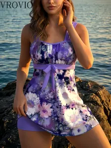 Women's Fashion Tankini Two-Piece Set, Floral Print Bohemian Knot Bust Gathered Buckle Vacation Beachwear, Tankini Swimsuit