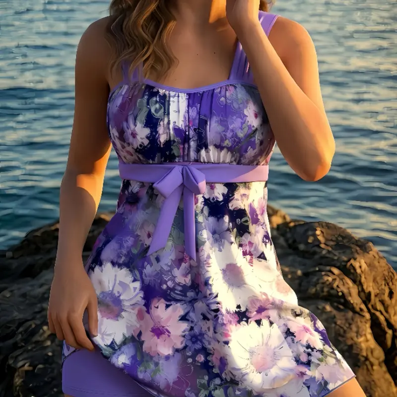 Women's Fashion Tankini Two-Piece Set, Floral Print Bohemian Knot Bust Gathered Buckle Vacation Beachwear, Tankini Swimsuit, Tankini Swimwear, Tankini Swimsuits Women, Bohemian Style Swimsuit, Summer Swimsuit, Flower Print Swimsuit