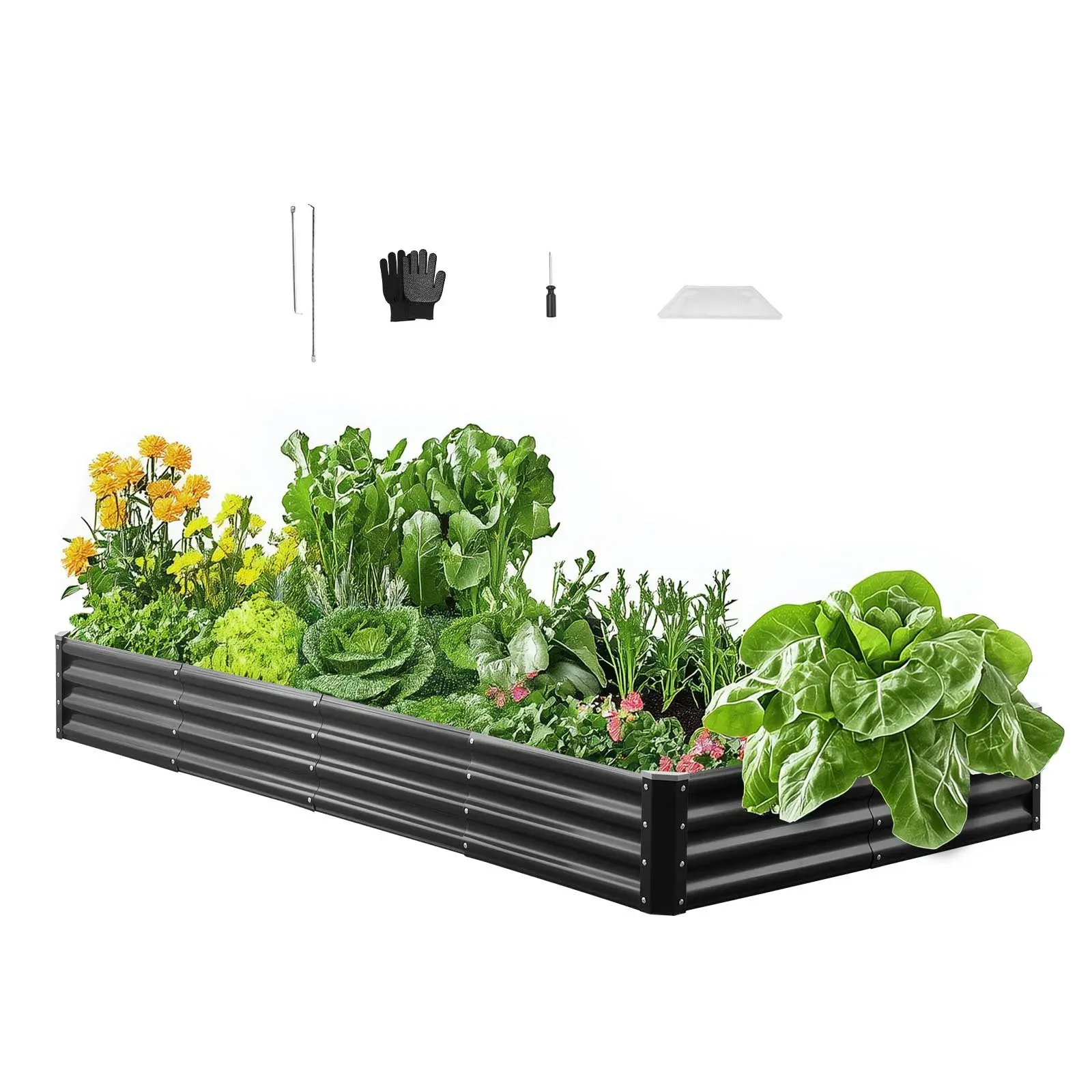 【Summerfinds】VEVOR Metal Raised Garden Bed8x4x1 ft Outdoor Galvalume Planter Box with Open BottomDark Gray Multi-Plant Use Bed for VegetablesFlowers, Raised Planter Boxes, Flower Bed Boxes