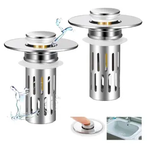 2 Pack Bathroom Sink Stopper for 1.06-1.50in, Universal Bathroom Sink Drain Pop Up Stopper with Hair Strainer, Universal Drain Filter for US Stainless Steel Floor Drain Filter (Silver)