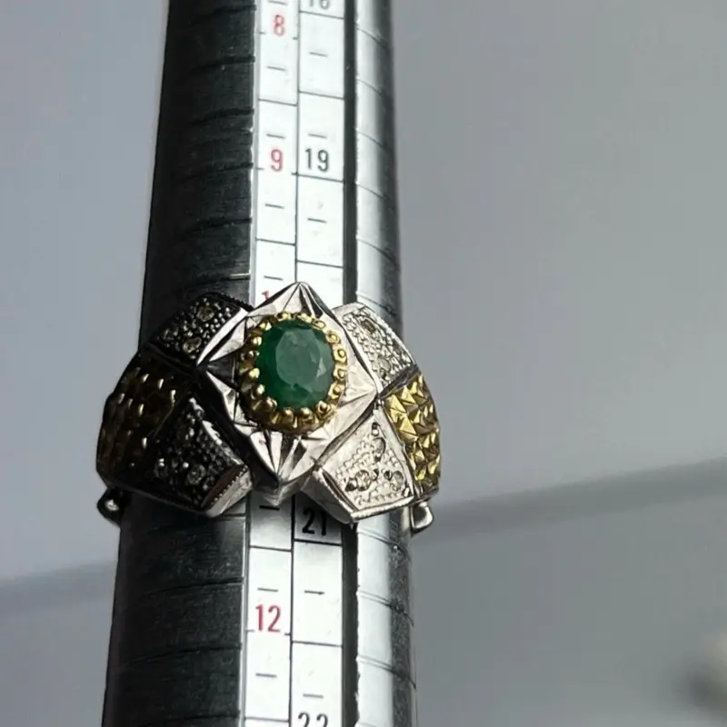 Genuine Colombian Emerald Ring - 14K Yellow Gold, 925 Silver, 12 Diamonds, 2.54ct