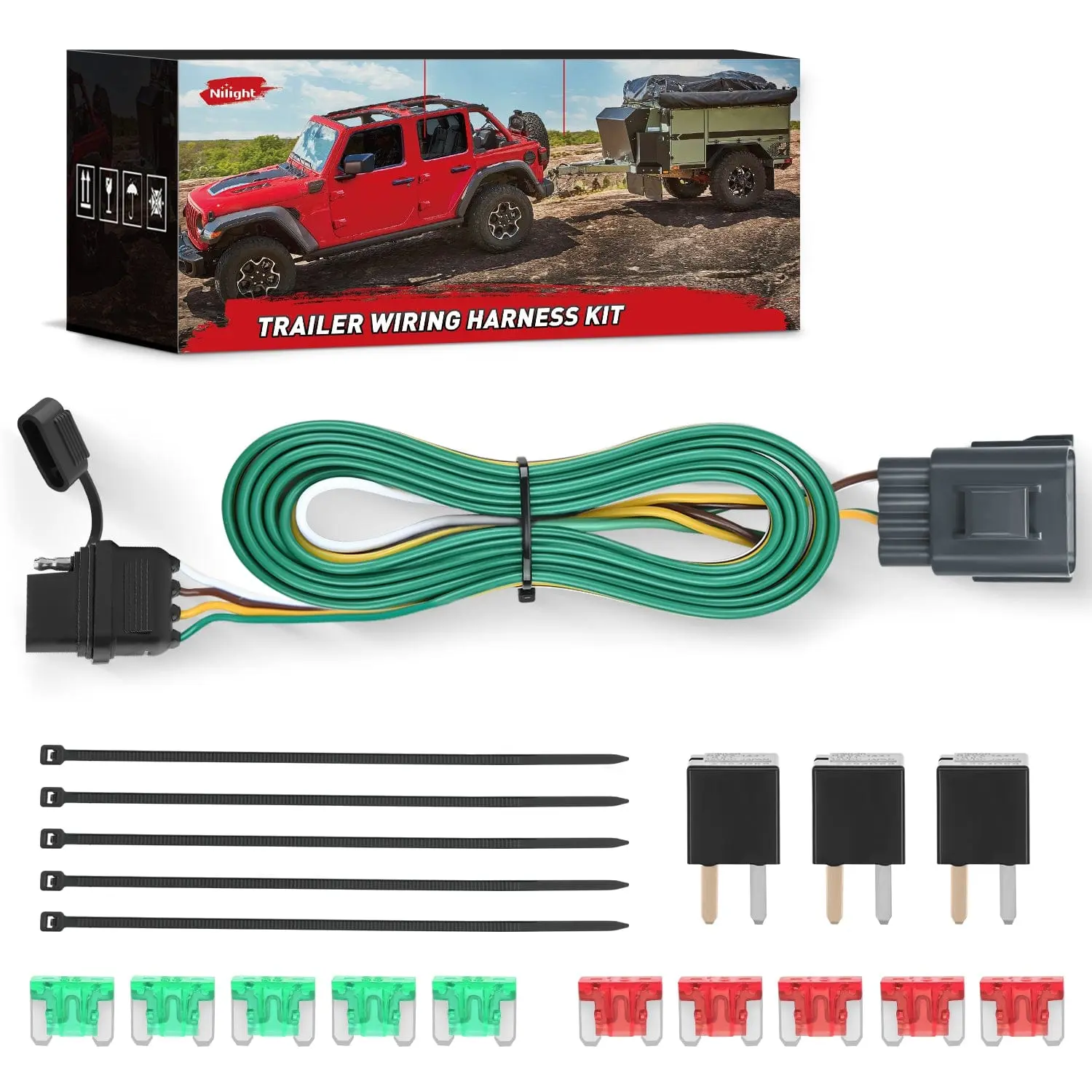 Niligt 4-Pin Trailer Wiring Harness Kit 56245 - Custom Side Harness with Copper Wires, Plug-N-Play, Includes Fuses for 2013-2017 Buick Enclave, Chevrolet Traverse, GMC Acadia Limited (Factory Tow Hitch Package Required) (Buick/Chvy/GMC Compatible)