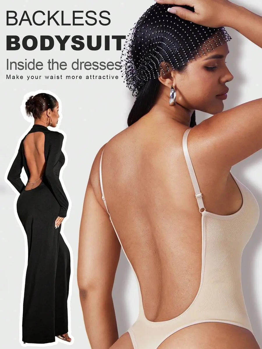 Women's Casual Shapewear Bodysuit, Plain High Stretch Seamless Backless Thong with Light Tummy Control and Padded Cups, Lighter, Fantasy, Everyday Fit, Backless Sticky Shapewear Bodysuit