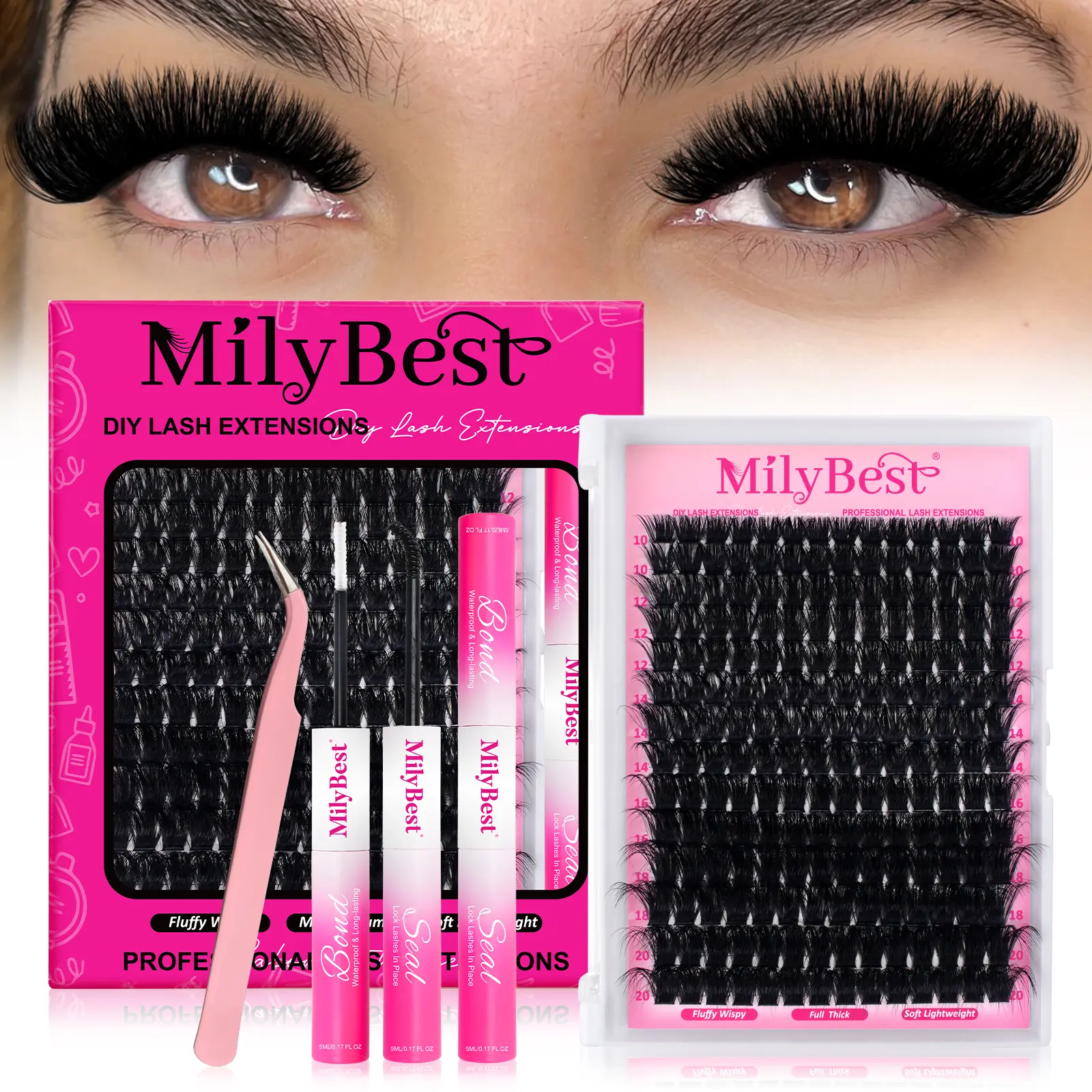 Milybest 200D Ultra Volume Cluster Lashes Kit 10–20mm | Extreme Russian Fluffy Look D Curl DIY Lash Extensions 196PCS Individual Clusters