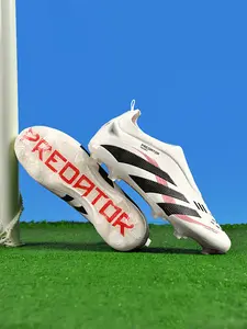 Unisex White-Black-Red Transparent Stud Soccer Shoes Football Boots: Bold Identity Style, Contrast Stripes, Transparent Outsole, Laceless Design. Ideal for match visibility/trendy gameplay