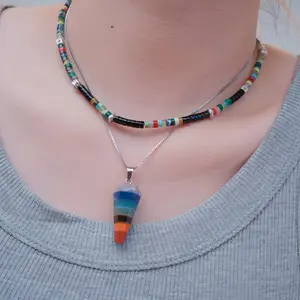 BACUNER Layered Necklaces for Women Pack of 2, Colorful Gemstone Beaded  Choker and Dainty Silver Chain Pendulum Necklace with 7 Chakra Crystal Pendant