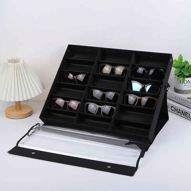 18-Slot Standing Glasses Organizer, Glasses Holder, Commercial Sunglasses and Eyewear Display, Collectables Storage Box, Travel Display Case, 18 ¾ " L x 15" W x 2 ¼ " H, Black