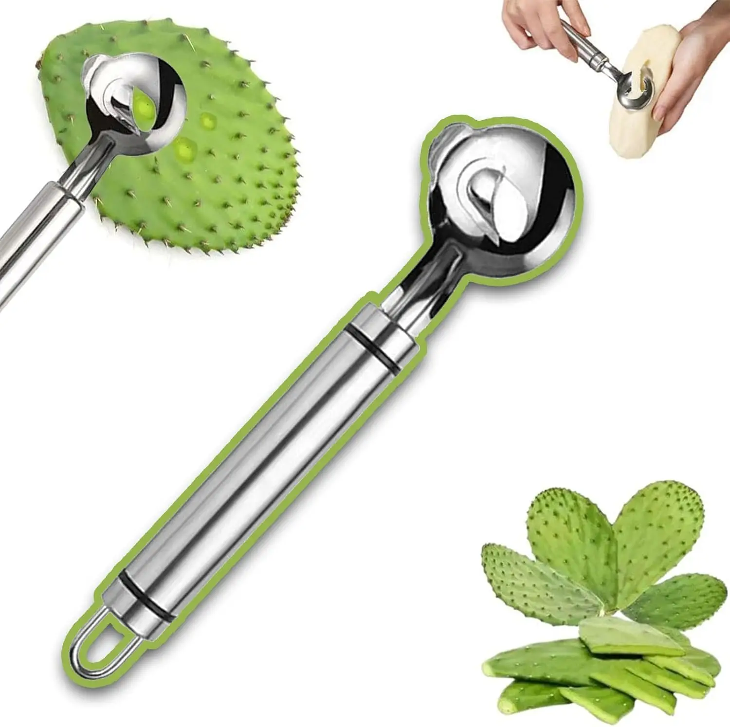 Multi-Cactus Peeler Tools, Stainless Steel Cactus Paring Knife and Peeler Spoon Long Handle Slicing Noodle Cutter with Hole for Cactus Kitchen Cooking
