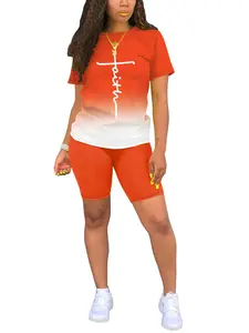 Women’s sports casual gradient set: short-sleeve top with cross print + high-waisted cycling shorts, comfortable and breathable two-piece set