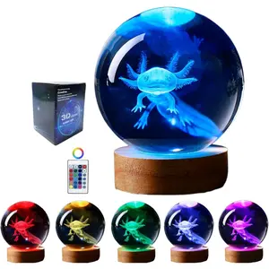 axolotl lamp,3.15 inch 3D K9 Crystal Ball Axolotl Night Light with Wooden Base,16 colors change,remote control,color box,Birthday Christmas axolotl Gift