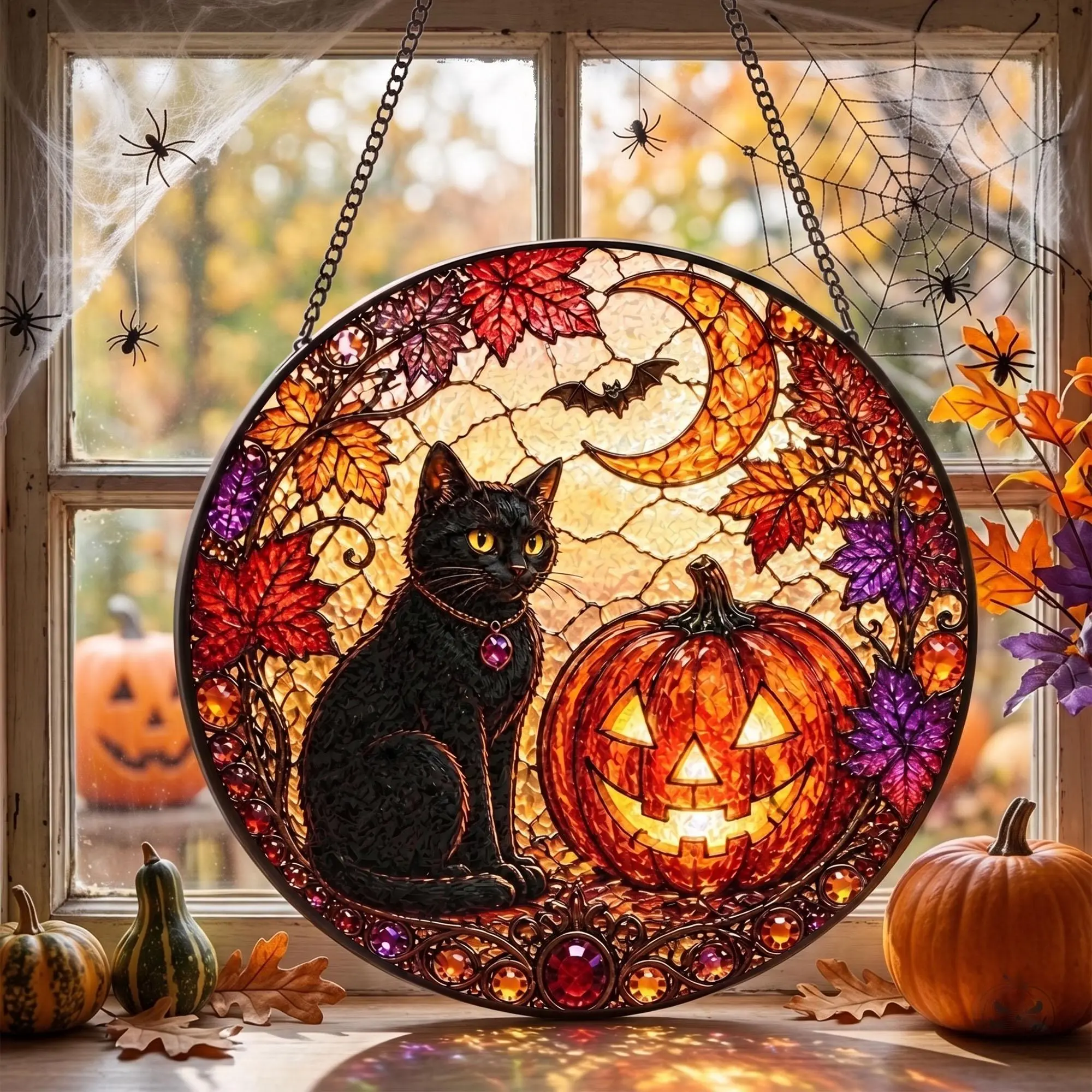 Black Cat Pumpkin Stained Glass Suncatcher: Halloween Window Hanging, Spooky Cat Decor