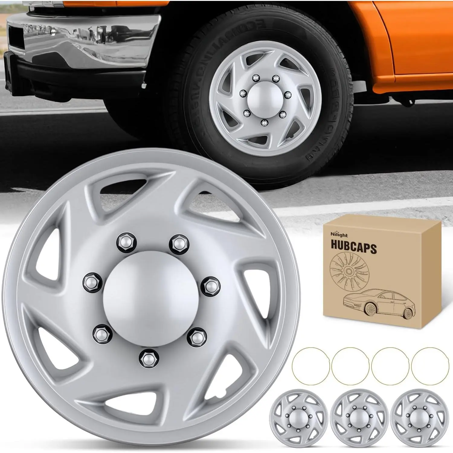 Nilight Wheel Cover Hubcaps 16 Inch for Ford Truck CEG 1998-2007 Econoline MTD E250 E350 E450 E550 2008-2021 Hub Caps 16 inch Set of 4 Rim Covers Protector Wheel Replacement F8UZ1130AA 7 spoke, Silver