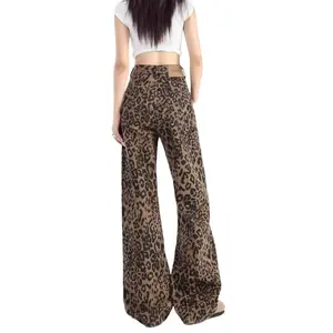 Women Y2K Cheetah Print Jeans High Waist Wide Leg Bootcut Denim Pants American Style Baggy Flared Trouser Casual Outfit For Travel Outdoor Walking TikTok Viral