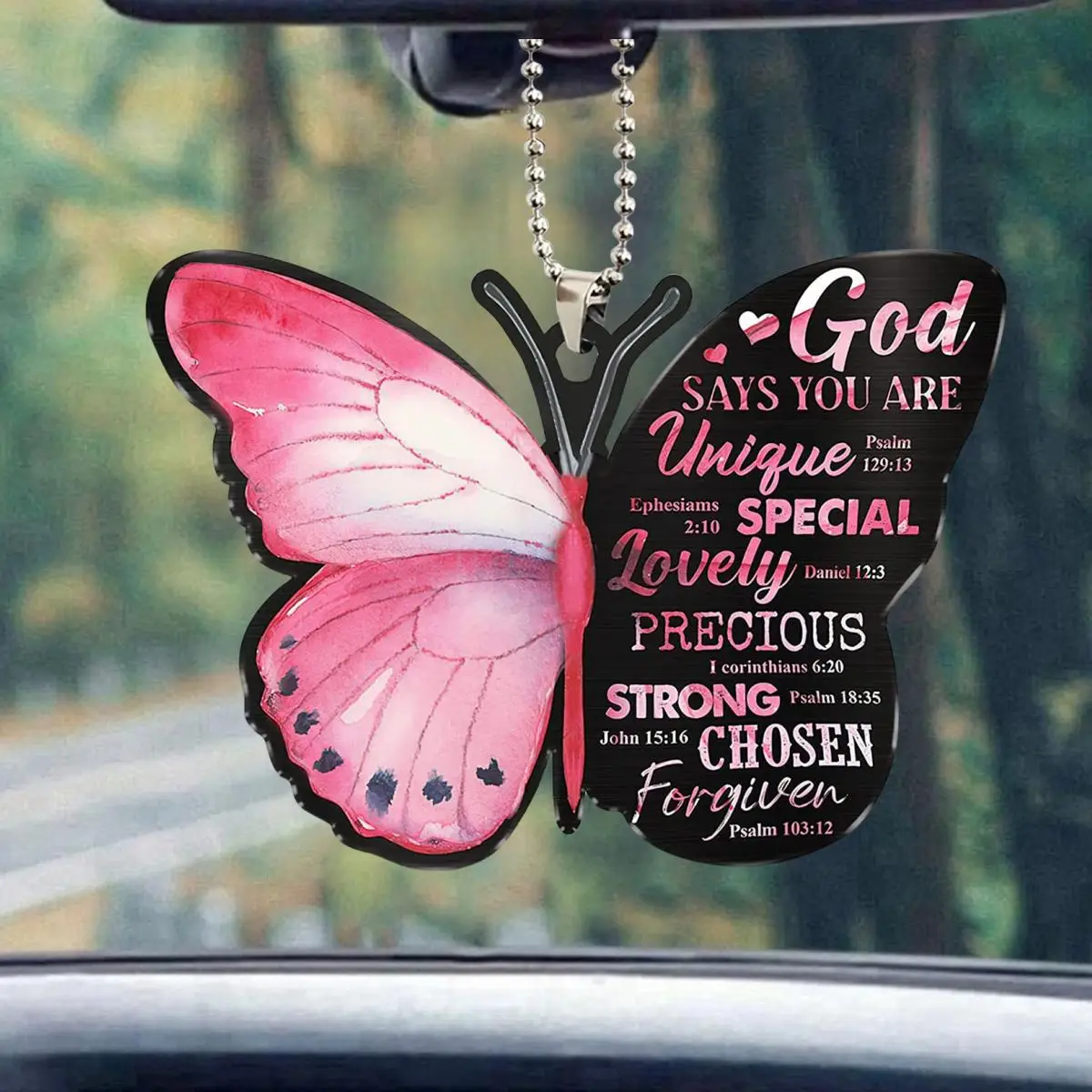 Slogan Graphic Butterfly Shaped Car Hanging Decoration, Acrylic Car Hanging Ornament with Chain, Auto Rear View Mirror Pendant