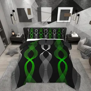Green and Black Abstract Comforter Set,Green Striped Bedding Set,Contemporary Boho Modern Art Comforter,Gradient Geometric Stripes Aesthetic Line Quilt for Men Adults Bedroom