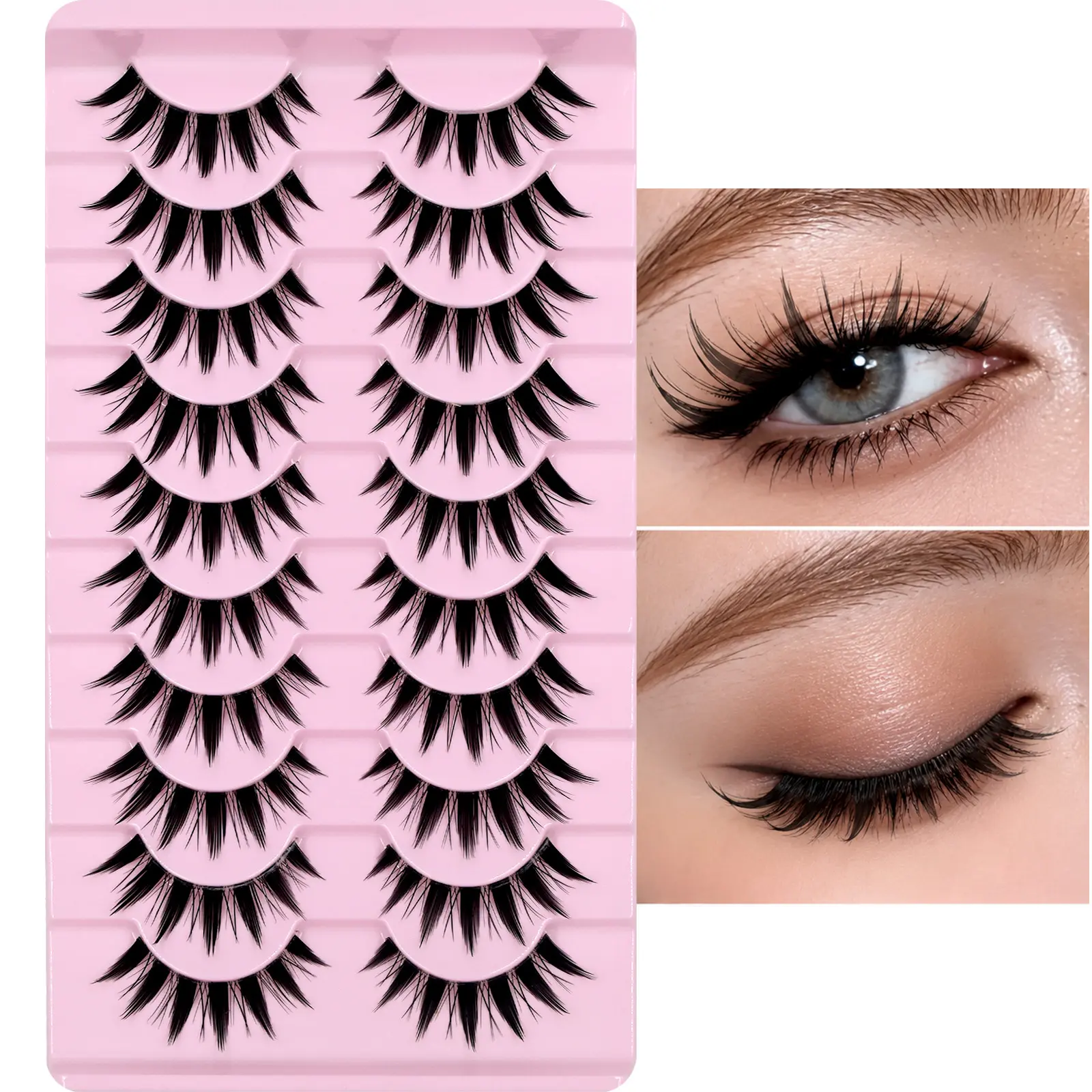 AUGENLI Lashes Manga Eyelashes Cat Eye Lashes Spiky Eyelash C Curl Lash Wispy Natural Look False Eyelashes with Soft Clear Band Strips Fake Eyelashes