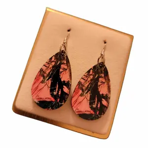 Pink Camouflage Wooden Teardrop Earrings