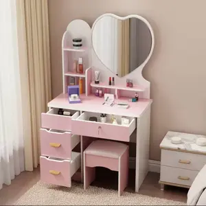 Vanity for Kids/Preteen with Heart-Shaped Mirror and 4 Drawers in Pink and White Color