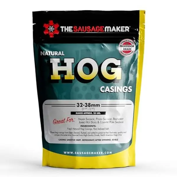 The Sausage Maker® Natural Hog Sausage Casings 32-38mm, Edible Casing For Sausage Making, Stuff Over 25 Lbs Meat, Breakfast, Italian, , Bratwurst, Hot Dog, Pork Links, 1.2-1.5" Dia, Home Pack-1