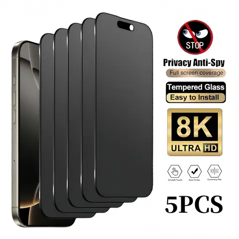 5PCS Tempered Glass Privacy Screen Protector for iPhone 13/14/15 Pro Max,16,16E,17 Air,Plus - Full Coverage,Anti-Spy,9H Hardness,Bubble-Free,Case-Friendly,Anti-Fingerprint,Scratch Resistant Mobile Phone Accessory