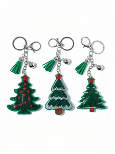 Christmas Rhinestone Sparkle Bag Charm Keychain, Cute Christmas Tree Flower Ring Bell Socks Cane Shape Fringe Decoration