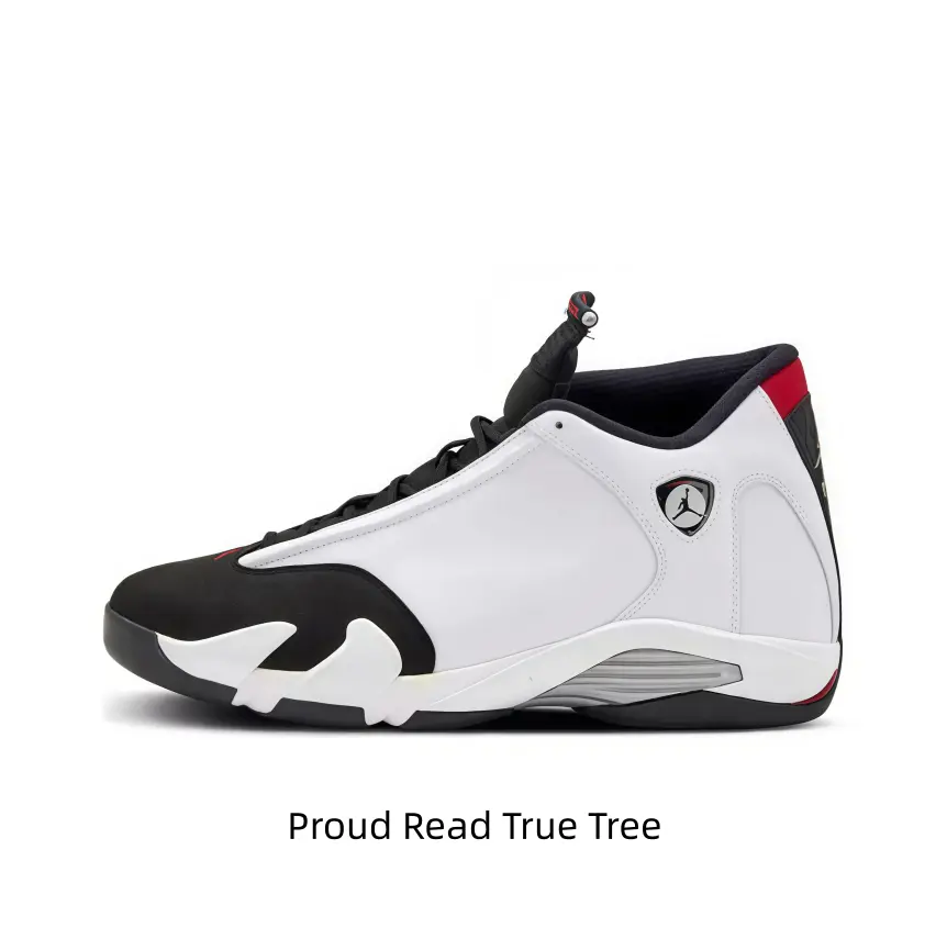 Mid-top leather basketball sneakers with smooth white main upper, matte black suede toe overlay and tiny scarlet red heel trim. Rigid layered cushioned sole delivers stable support for ball games, training and retro court styling.