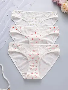 3-Pack Assorted Cute Printed Feminine Women's Underwear, Lace Trim, Breathable Mid-Rise Briefs, Fitted Panties, Daily Comfort for Teens & Young Adults