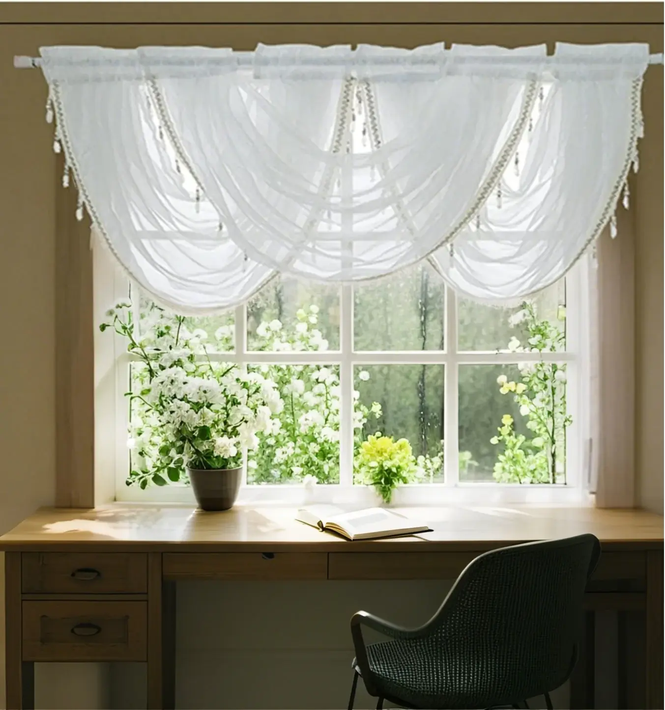 Tassel Waterfall Valance Sheer Curtains,White Silver Silk Line Luxury Beaded Valance Sheer Window Curtain Rod Pocket Valance Drapes,57W x 37L Inch,1 Panel new
