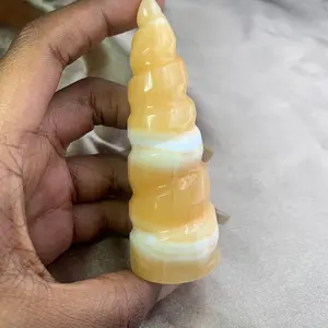 Natural Medium Orange Calcite Crystal Spiral Tower Unicorn Horn