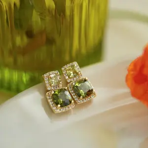 Forest-style ultra-shiny vintage exquisite square earrings DDES0441 olive green zircon high-end elegant simple design 14K gold-plated