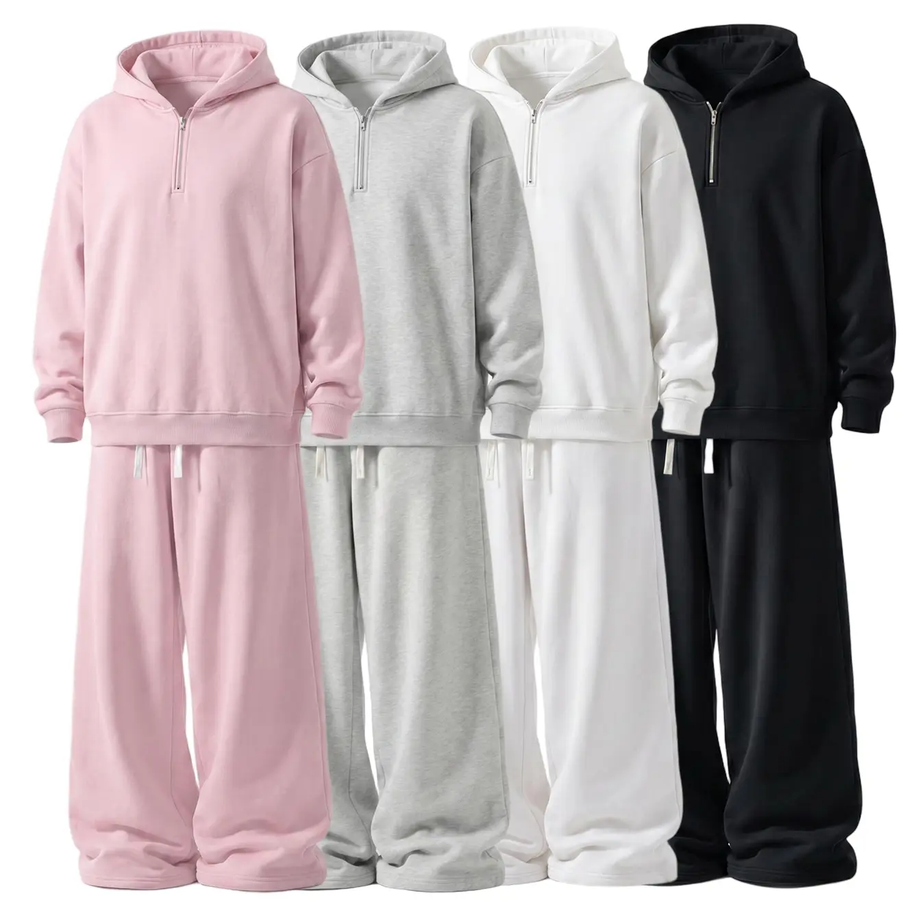 Men’s casual athletic hoodie set, long-sleeve half-zip hoodie paired with drawstring pants, regular fit, knit fabric, multi-color set, solid color design