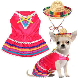 Mariachi Mexican Pet Dog Costume Set Mexican Dog Dress and Sombrero Charro for Chihuahua Puppy Cat Pet Mexico Costume Halloween Mexico Independence Day Día De Los Muertos Themed Party(S)