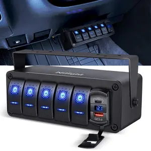 Nilight 5 Gang Rocker Switch Box 12V SPST ON Off Switch PD Type C and QC 3.0 USB Charger Voltmeter Waterproof Aluminum Rocker Switch Panel DIY Stickers for Boats Cars RVs Trucks Atvs