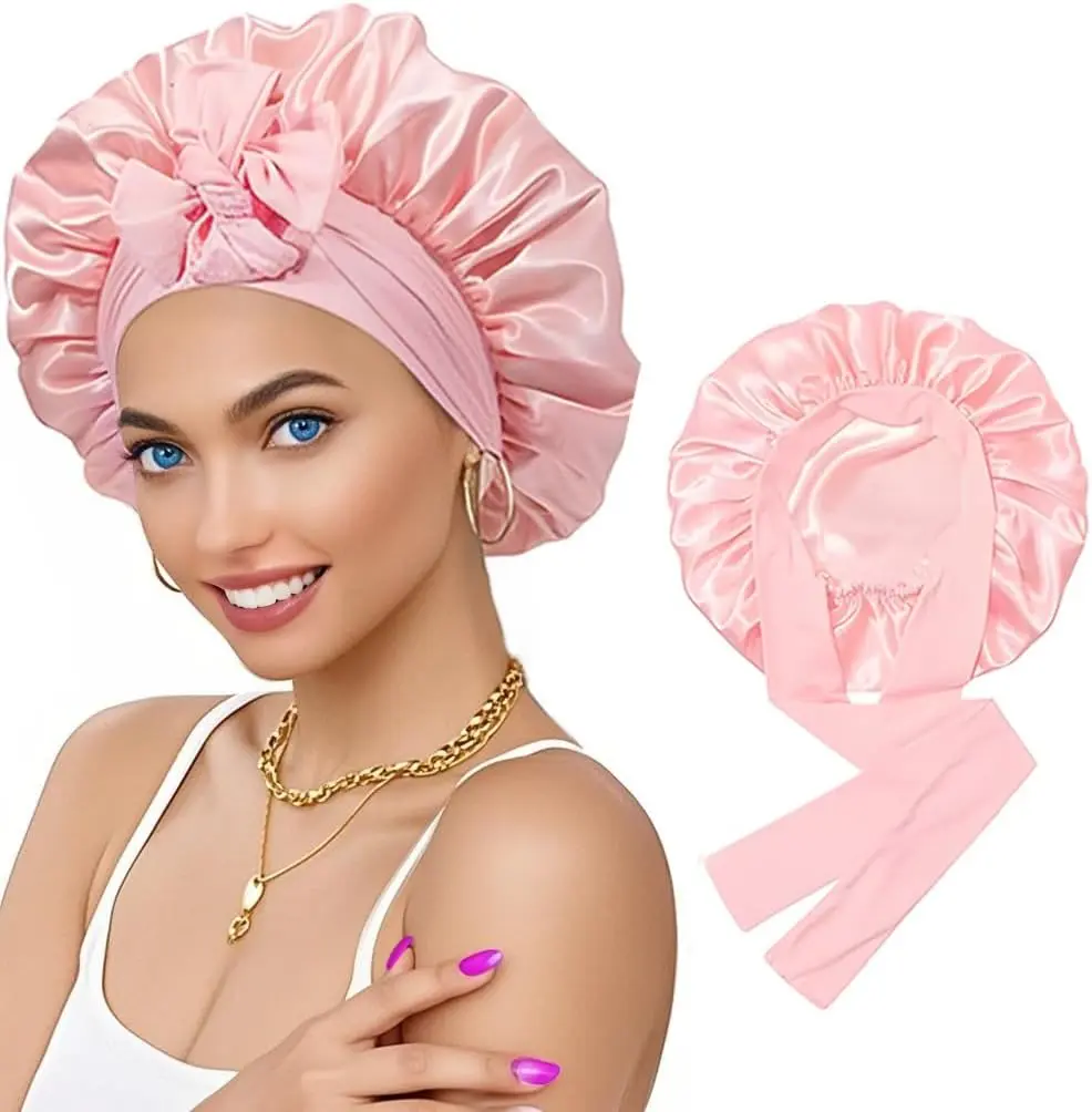 Women's Double-Layer Silky Satin Sleeping Hair Bonnet for Curly Hair, Elastic Adjustable Haircare Shower Cap for Home Bathroom Use