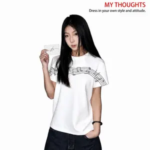 MYTHOUGHTS Original Design Unisex Slim Fit Music Staff Embroidered Graphic T-Shirt, Regular Shoulder Short Sleeve Fitted Tee for Men Women, Y2K Streetwear Top