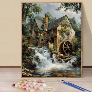 Paint By Numbers Kit for Adults Beginners - 16x20in/40x50cm Color Canvas, Easy DIY Riverside Windmill Cottage Acrylic Painting Set - Wall Decor for Living Room and Bedroom, Creative Gift for Birthday, Mother's Day and Christmas, Without Frame