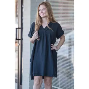 Zenana Women's Cotton Short-Sleeve V-Neck Gauze Dress with Raw Edge - Collarless Daily Shift Casual Dresses for Women, Shortsleeve