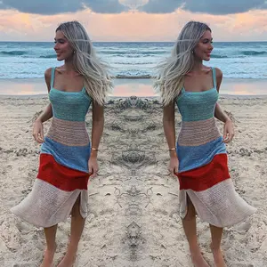 2025 summer ins style sexy vacation dress sleepveless strap color block side slit hollow out long dress for women