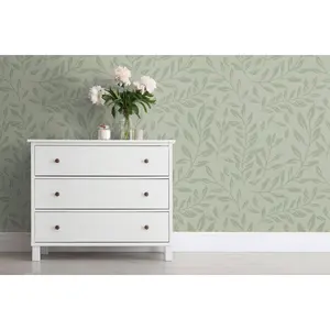 Peel and Stick Removable Fabric Wallpaper - Botanical Foliage Leaves - Leaf Pattern - Agatha Olive Sprig - Green