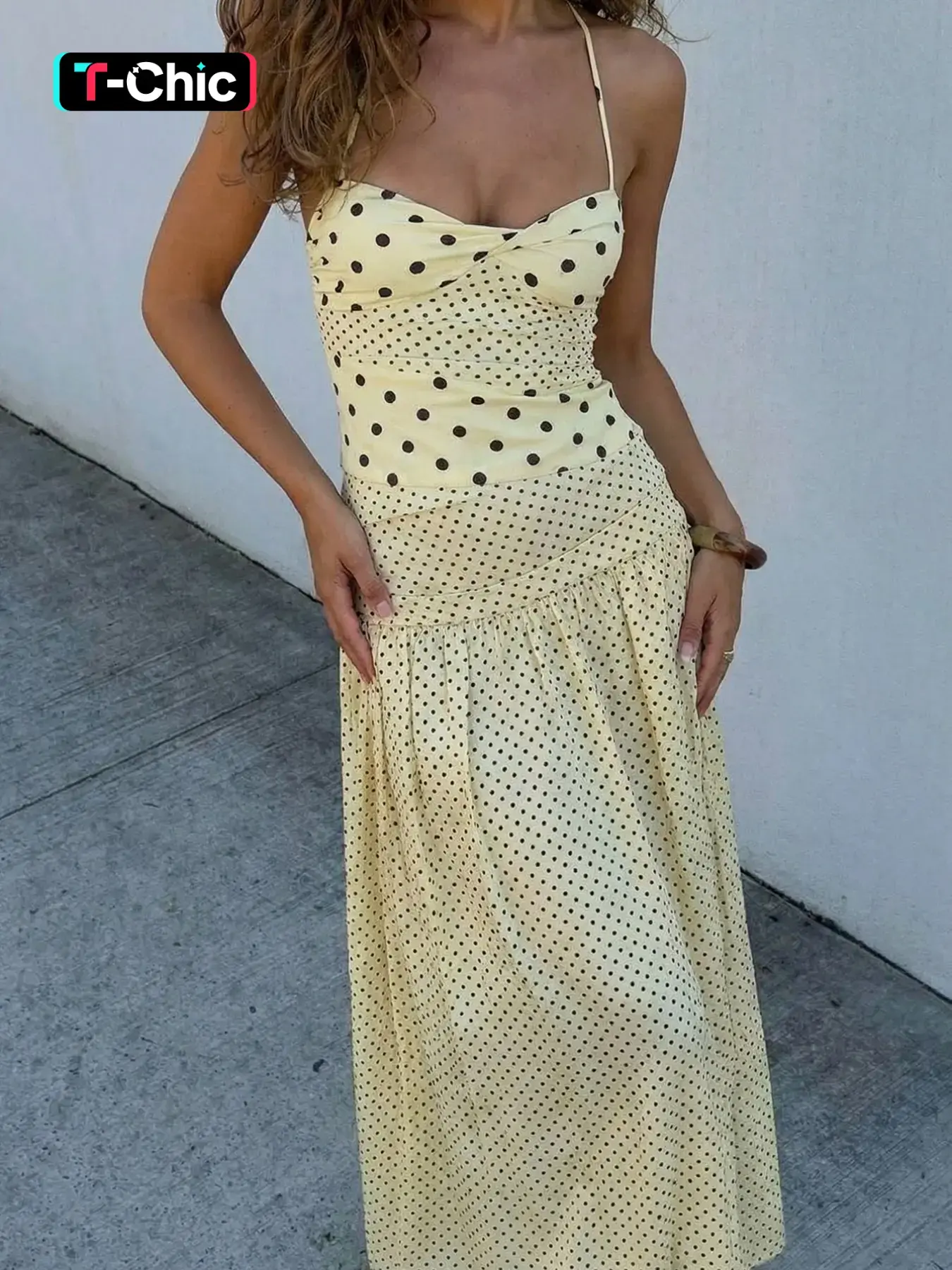 Women's Polka Dot Print Halter Dress, Bust Twisted Ruched Sleeveless Backless A-line Slip Dress for Party, Date and Vacation, Casual Sundress, Sweet Cami Maxi Dresses, Ladies Summer Fashion Clothes, Casual Wear