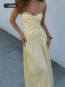 Women's Polka Dot Print Tie-neck Halter Dress, Bust Twisted Ruched Sleeveless Backless A-line Slip Dress, Party Club Date Holiday Beach Vacation Daily Casual Sundress Sweet Cami Maxi Long Dresses For Ladies Summer Fashion Clothes Wear