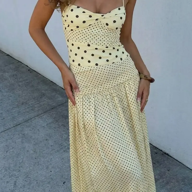 Women's Polka Dot Print Bohemian Halter Dress, Bust Twisted Ruched Sleeveless Backless A-line Slip Dress for Party, Date and Vacation, Casual Sundress, Sweet Cami Maxi Dresses, Ladies Summer Fashion Clothes, Casual Wear, Boho Printed Dress