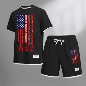 Men's USA Flag Star Print Drawstring Shorts Set For Spring/Summer. A Casual Summer Outfit, Including A Short-Sleeved Shirt And Shorts, Suitable For Everyday Wear And Sports. A Two-Piece Set For A Relaxed And Energetic Lifestyle.