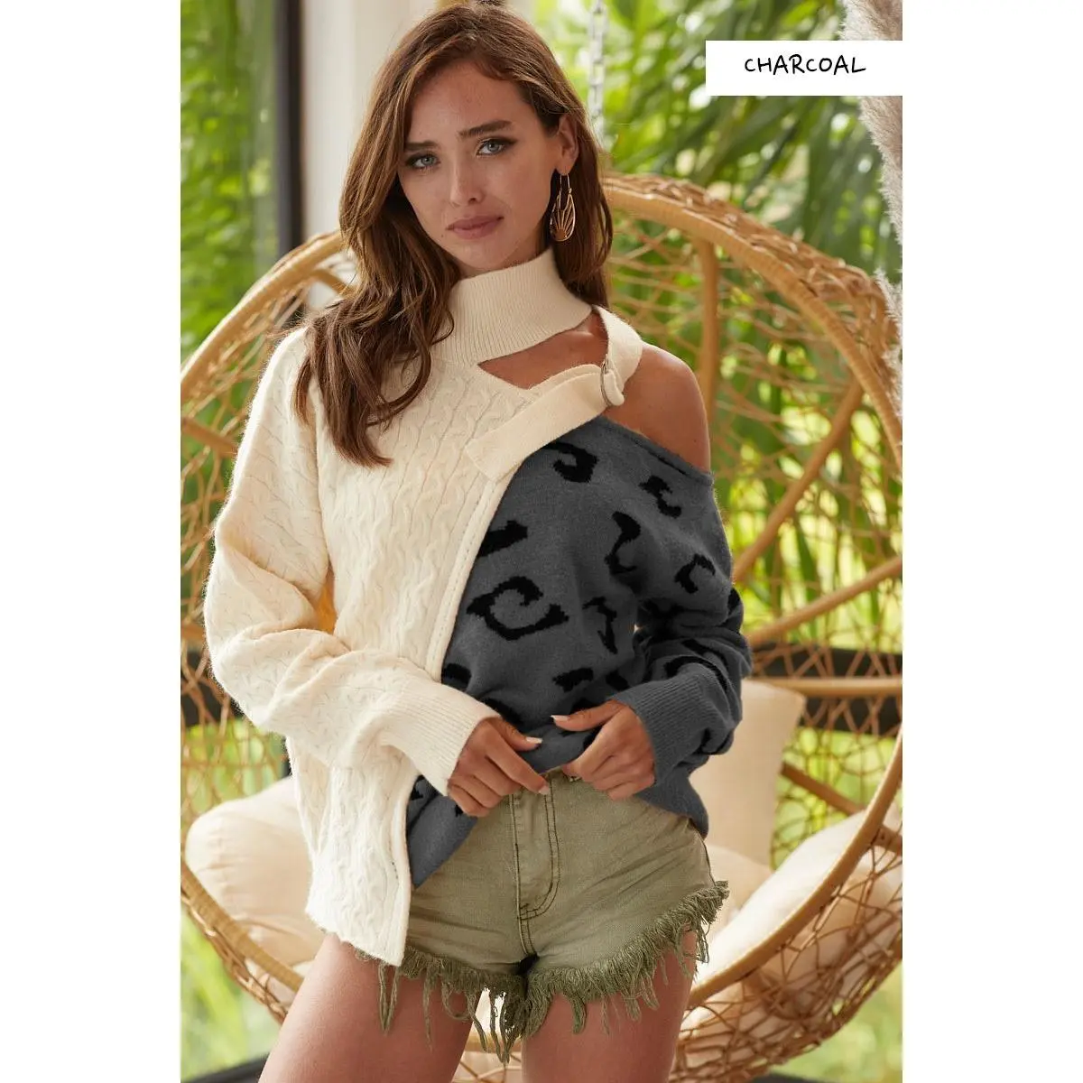 BiBi Cable-Knit Color Block One Shoulder Asymmetrical Sweater